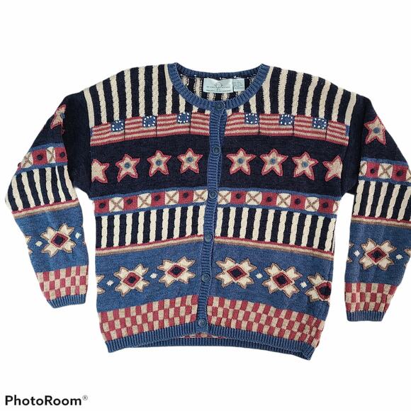 Patriotic Grandmacore Cottagecore vintage cardigan red cream blue Large - Picture 1 of 5